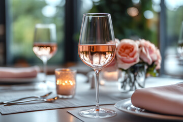 Banquet, restaurant. Table setting. Rose wine, glasses. background for the design