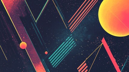 Poster - Retro futurism artwork featuring geometric shapes and vibrant colors in a cosmic setting