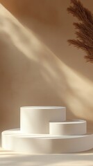 Poster - A white pedestal with three tiers is set against a tan background