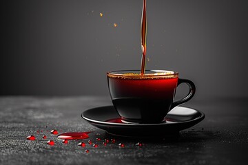 Wall Mural - A cup of coffee is pouring out of a black cup onto a table