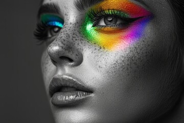 Wall Mural - A black-and-white portrait of a female model with rainbow-colored makeup highlighting the eyes. 