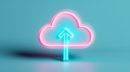 Neon cloud upload symbol representing cloud computing, data storage, and digital technology in a modern 3D illustration.