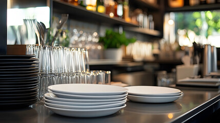 Canvas Print - Clean dishes at a restaurant bar counter with selective focus and copy space