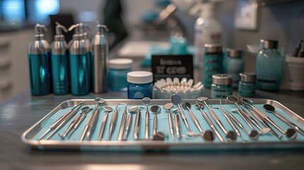 Wall Mural - Immediate Care: Dental tools arranged neatly on a tray with a sign indicating emergency dental services available