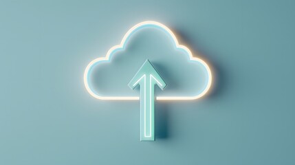 Poster - Neon glowing cloud icon with an upload arrow, representing cloud computing and data storage on a light blue background.