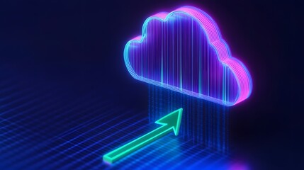 Poster - Neon glowing cloud symbol with arrow, representing cloud computing and data uploading in a digital futuristic concept.