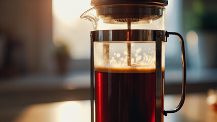 Poster - Close-up of a French Press with Coffee Brewing