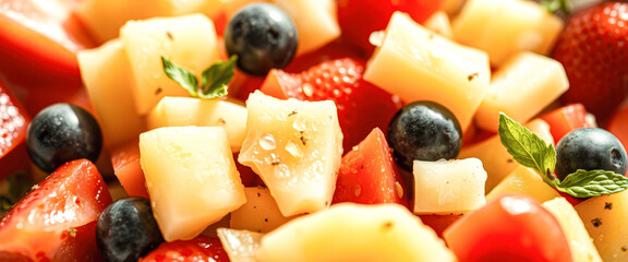 Canvas Print - Close up of fresh fruit salad with blueberries, pineapple, strawberries and tomatoes