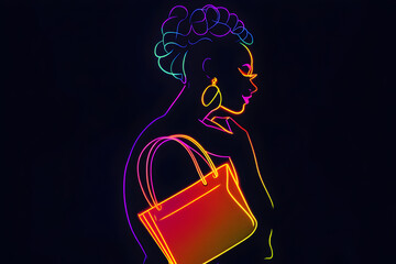 Neon outline of trendy black woman with vibrant handbag isolated on black background.