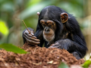 Wall Mural - A baby monkey is digging in the dirt. Concept of curiosity and playfulness, as the monkey is exploring its surroundings and interacting with the environment