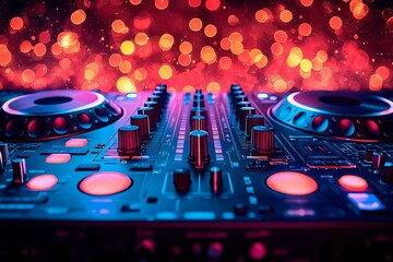 DJ console illuminated at a vibrant night club with an energetic crowd dancing in the background, copy space for text, dj banner advertising