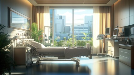 A hospital room with a neatly made bed, medical equipment, and large windows letting in natural light, creating a welcoming environment.