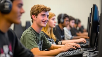 Poster - A group of people are sitting in front of computers, one of whom is smiling