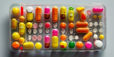 Poster - A tray of colorful pills is arranged in a pattern