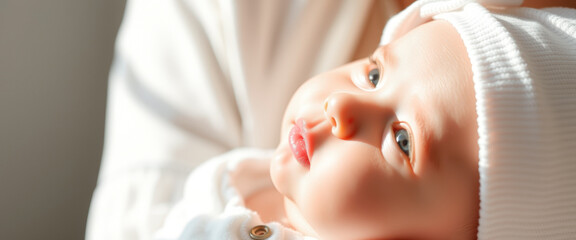 Wall Mural - Close-up of a baby's face in a white hat, with soft lighting