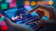 © LukaszDesign - Tablet, overlay, and businesswoman with social media, data, graphs, charts, and SEO numbers. Professionals typing on websites, algorithms, or technology