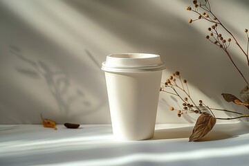 Wall Mural - A white coffee cup sits on a table with some leaves and flowers