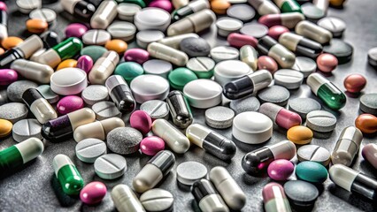 Poster - A bunch of pills of different colors and shapes are scattered on a table