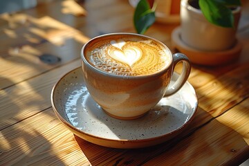 Wall Mural - A coffee cup with a heart design on it sits on a wooden table