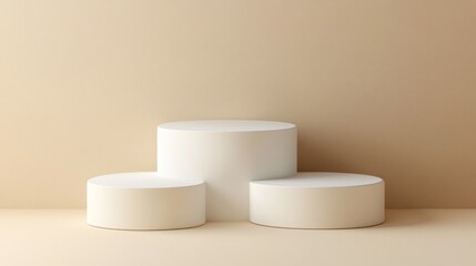 Poster - Three white pedestals are standing in a room with a tan wall