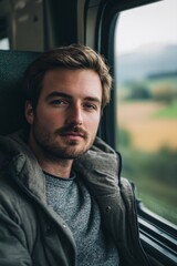 Wall Mural - A closeup view of a male traveller with casual attire sitting on a window seat on a moving train, facing the camera, with blurred countryside landscapes passing by. 