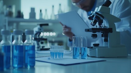 Poster - scientist analyzing samples in a laboratory with microscopes and blue liquids during the day