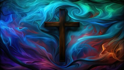 Poster - Wooden Cross Against Abstract Colorful Smoke Background