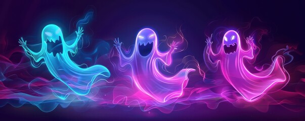 Wall Mural - Neon cartoon Halloween ghosts flying and dancing in a vibrant atmosphere.