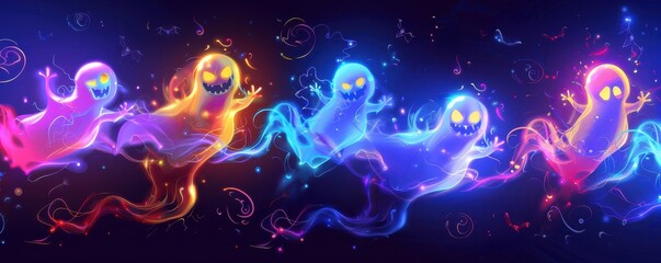 Wall Mural - Neon cartoon Halloween ghosts flying and dancing in a vibrant atmosphere.