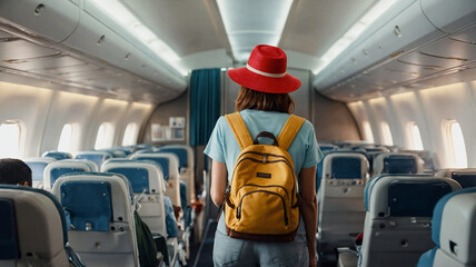 Rear view of woman tourist wearing backpack and hat, standing in the aisle of airplane looking for seat. Travelling by plane