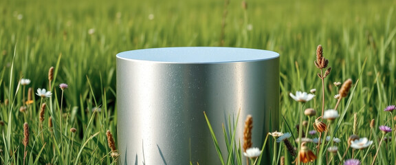 Sticker - Silver Cylinder Product Display in a Field of Green Grass and Flowers