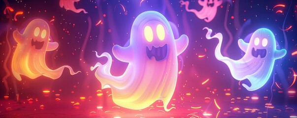 Wall Mural - Neon cartoon Halloween ghosts flying and dancing in a vibrant atmosphere.
