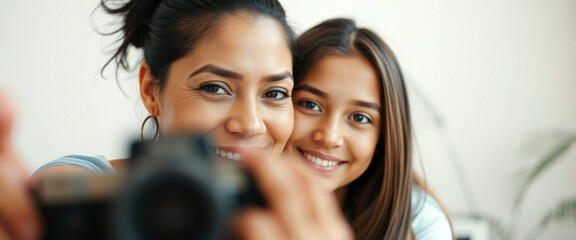 Poster - Happy mother and daughter taking selfie with camera