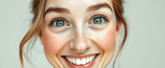 Wall Mural - Close-up of a Woman's Smiling Face with Blue Eyes