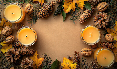 Canvas Print - Craft paper background with autumn themed items like candles walnuts and cones arranged in a flat lay view for Fall and Thanksgiving concepts featuring 