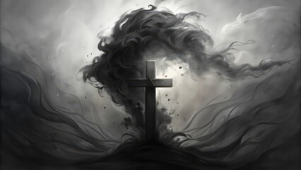 Poster - A Wooden Cross Stands Tall Amidst Whirlpools of Dark Smoke