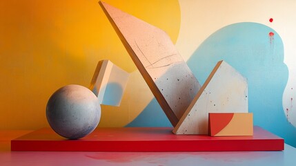 Wall Mural - A sculpture of a cube, a sphere and a triangle is displayed on a red surface