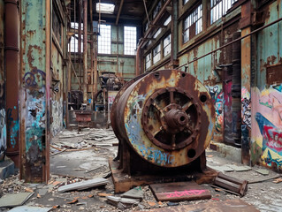 Sticker - A rusted old machine sits in a room with graffiti on the walls. The room is empty and the machine is the only thing in it