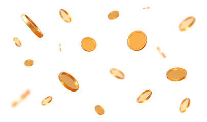 Wall Mural - 3d realistic flying golden shiny coins with effect bokeh on white isolated background. rich or casin