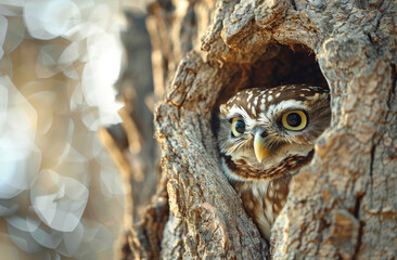 Wall Mural - A cute owl peeking out of its tree hole