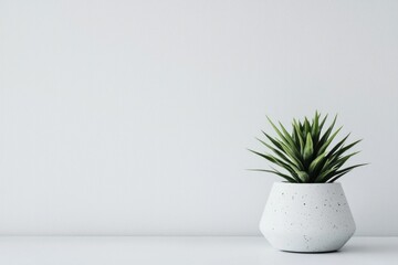 A minimalist workspace with a single, vibrant green plant against a white wall. 