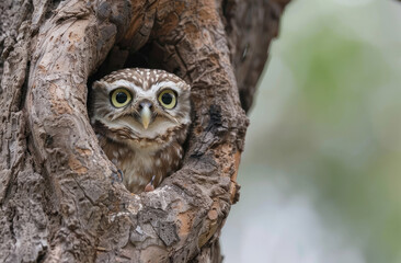 Wall Mural - A cute owl peeking out of its tree hole