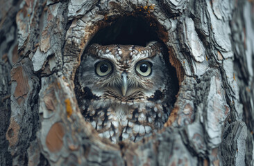 Wall Mural - A cute owl peeking out of its tree hole