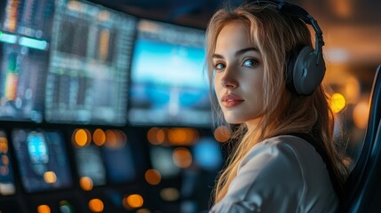 Aufkleber - A woman wearing headphones is sitting in front of a computer monitor