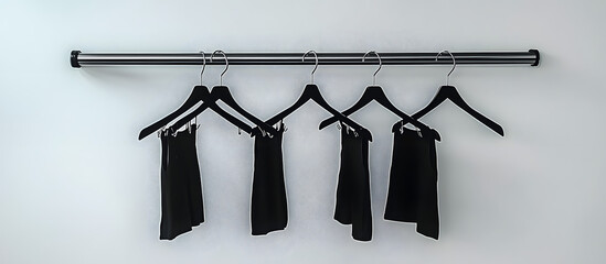 Sticker - Several black hangers hanging on a rod against a white wall backdrop, symbolizing a store setting and design with an empty hanger for display. Copy space image included.