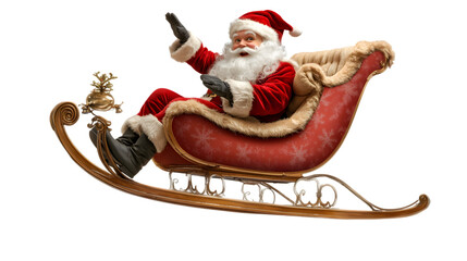 Santa sits on a sleigh in the snow.