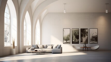 Wall Mural - Modern Living Room With Arched Windows and Sunlight