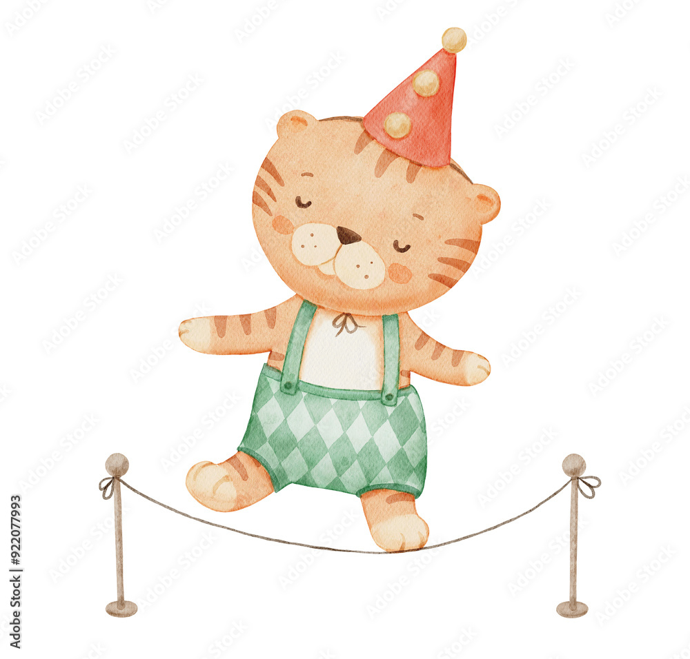 Watercolor circus cute baby tiger character. Funny animal on isolated ...