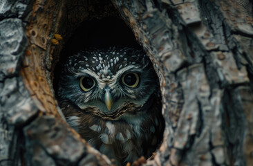 Wall Mural - A cute owl peeking out of its tree hole