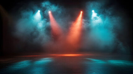 Wall Mural - A stage with three lights and a foggy atmosphere. The lights are red, blue, and green